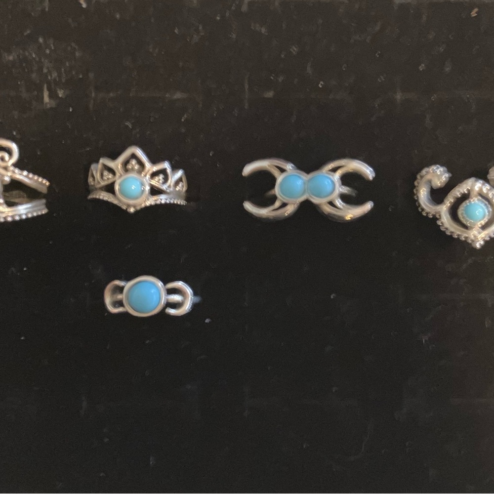 Bundle of 5 Rings Costume Silver and Turquoise Stones Size 6